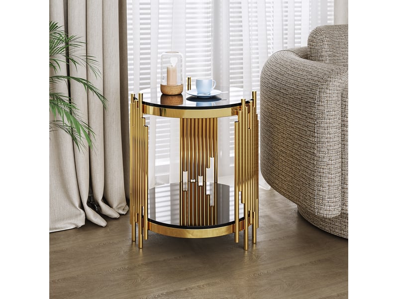  Bout de canapé rond 45x55 cm, double plateau, verre trempé, acier inoxydable, design luxe, noir et doré  - Conforama R