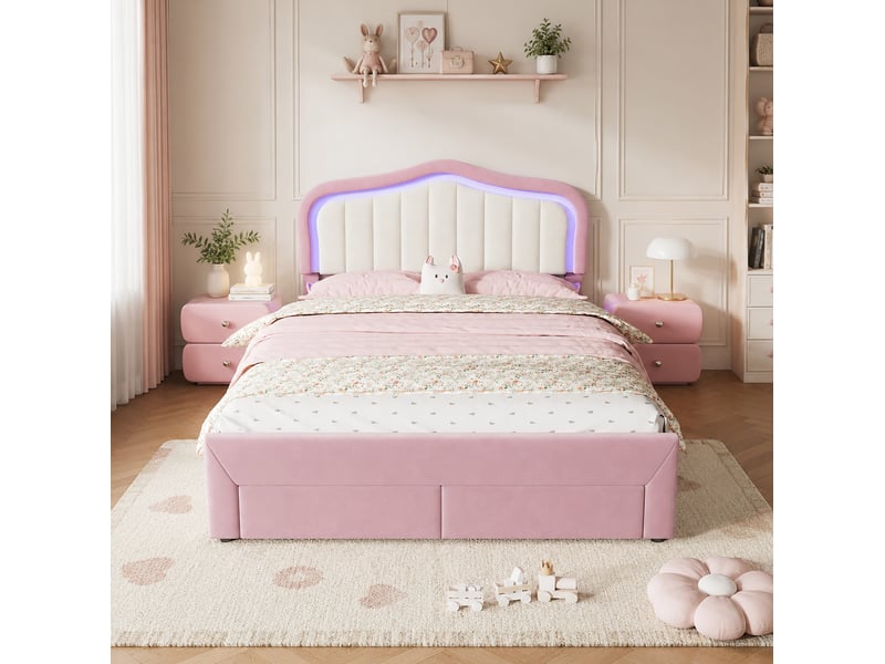  Lit enfant 140x200 cm, lit double avec 2 tiroirs et led contrôlée par application couleur rose sans matelas, moderne  - Conforama D