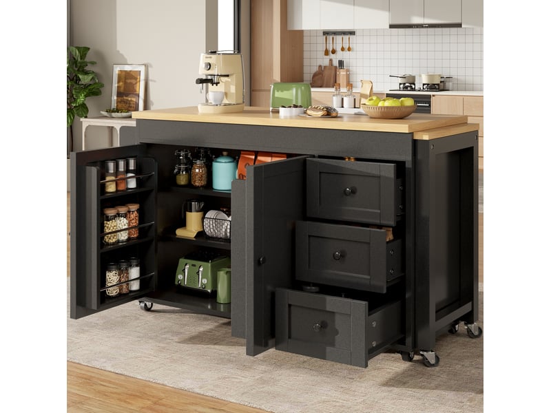  Îlot de cuisine extensible modenvie avec rangement, 3 tiroirs, étagères latérales, roulettes et plateau rallonge, 116 à 179,5 x 45 x 89 cm, noir  - Conforama D