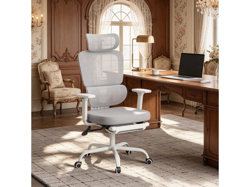  Chaise de bureau ergonomique avec repose-pieds réglable - lpospi - accoudoirs 3d, maille et pu gris  - Conforama C