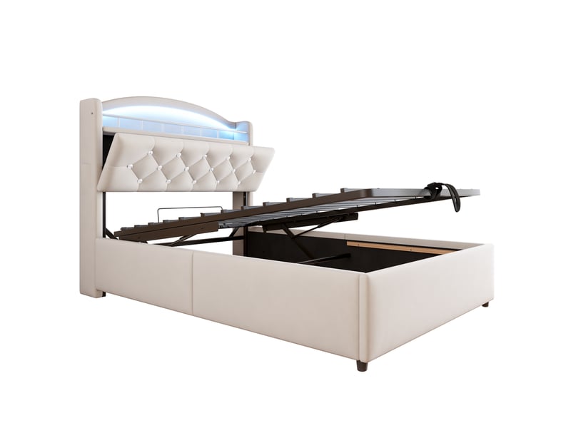 Lit enfant 90x200 cm en velours beige, multifonction avec rangement, led et usb - Conforama E