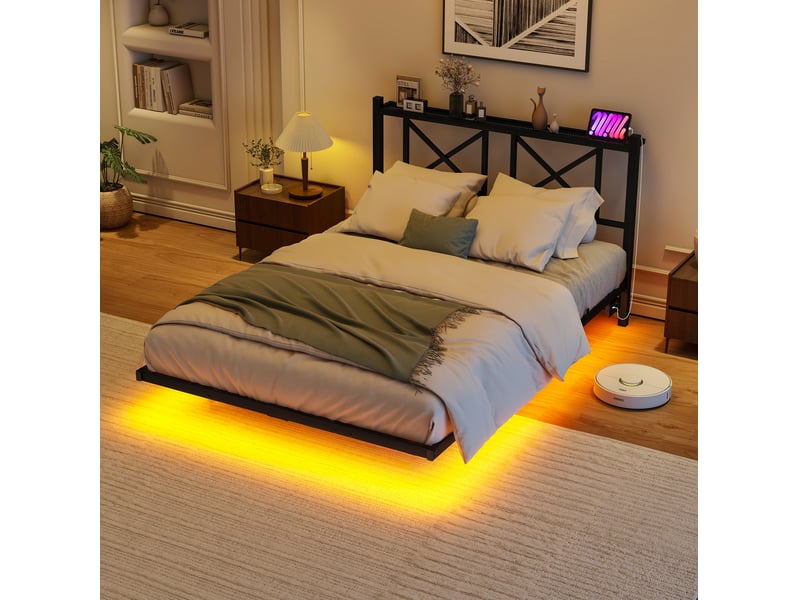 Lit simple 120x200 cm en métal noir avec led et station de charge - Conforama B
