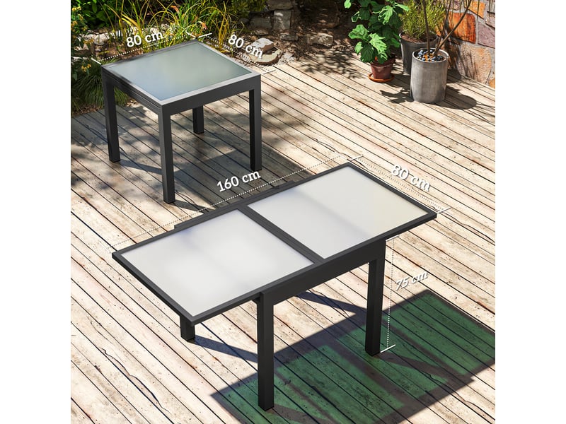  Table extensible de jardin grande taille dim. Dépliées 160 x 80 x 75 cm aluminium plateau verre trempé transparent  - Conforama E