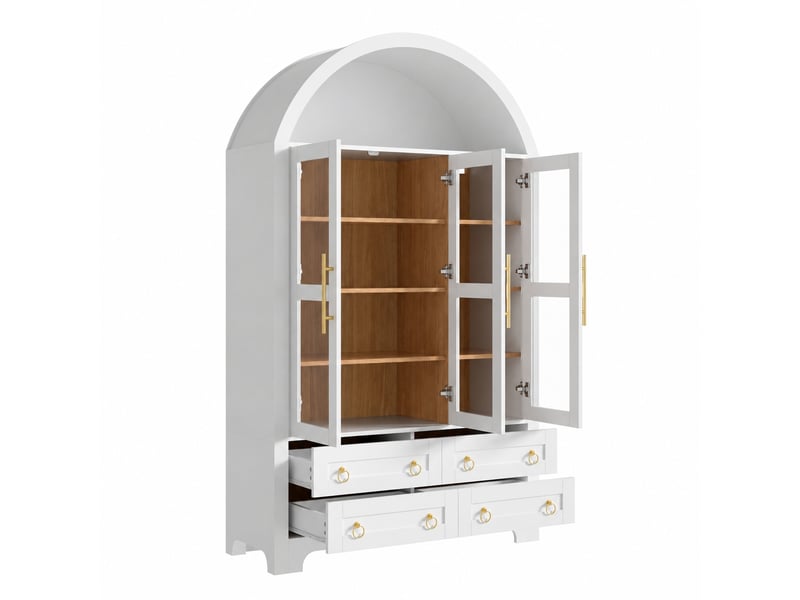 Buffet blanc avec 3 portes vitrées, 4 tiroirs et espace ouvert arrondi, 110 x 40 x 185 cm - Conforama A