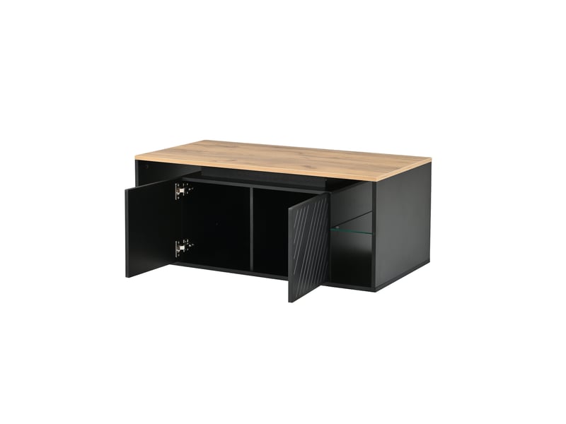  Table basse noire 100×50×41 cm, table basse moderne avec éclairage led, table d'appoint, table de canapé, table de salon, étagère semi-ouverte et 2 portes, panneaux de particules, charge maximale 30 kg pour le salon  - Conforama E