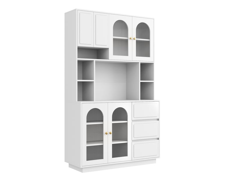  Buffet de cuisine - 106x40x175cm - meuble avec portes arquées en acrylique, led, étagères ajustables et 3 tiroirs - mdf - blanc  - Conforama A