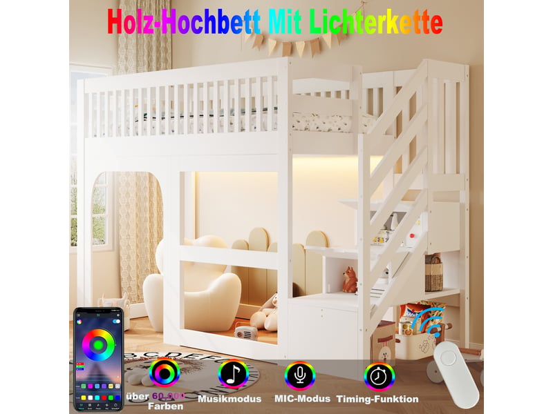  Lit mezzanine 90x200 cm avec rangement intégré et led - lit enfant avec sommier à lattes et barrières de sécurité - bois blanc  - Conforama E