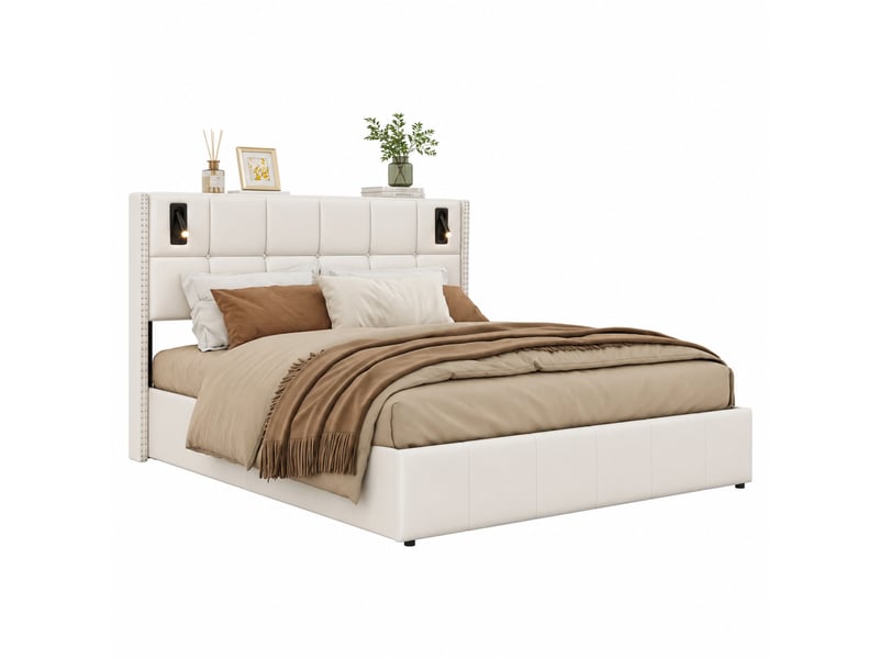 Lit 2 places 180x200 cm - beige - led rgb, usb type-c, rangement et 4 tiroirs - Conforama A