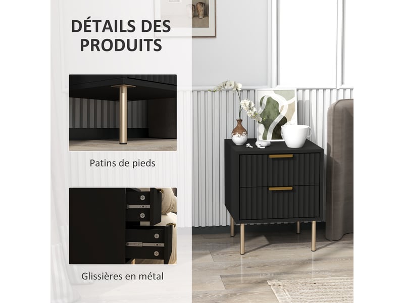  Table de chevet, table de nuit cannelée avec 2 tiroirs et pieds en acier, pour chambre à coucher, noir, salon  - Conforama W