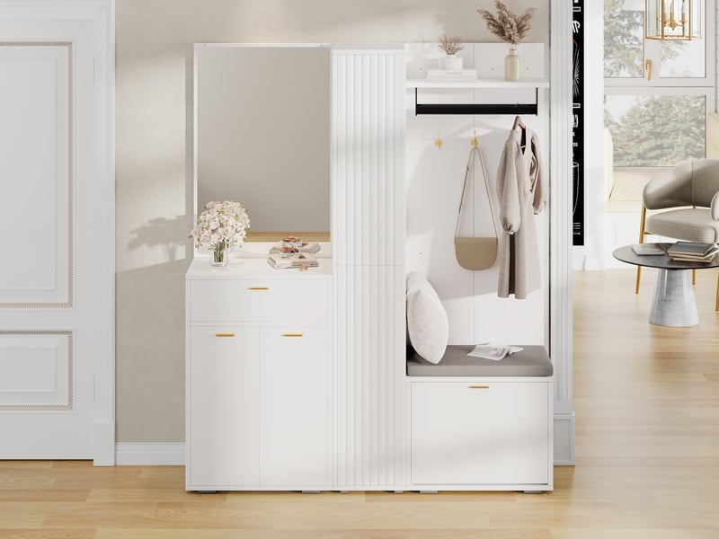  Vestiaire entrée avec miroir, penderie, banc à chaussures, patères, 3 portes et 1 tiroir, 150 × 36 × 180 cm, blanc  - Conforama B