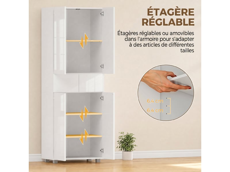  Armoire de cuisine meuble de rangement buffet 4 portes avec étagères réglables - dim. 60l x 35l x 170h cm laqué blanc  - Conforama E