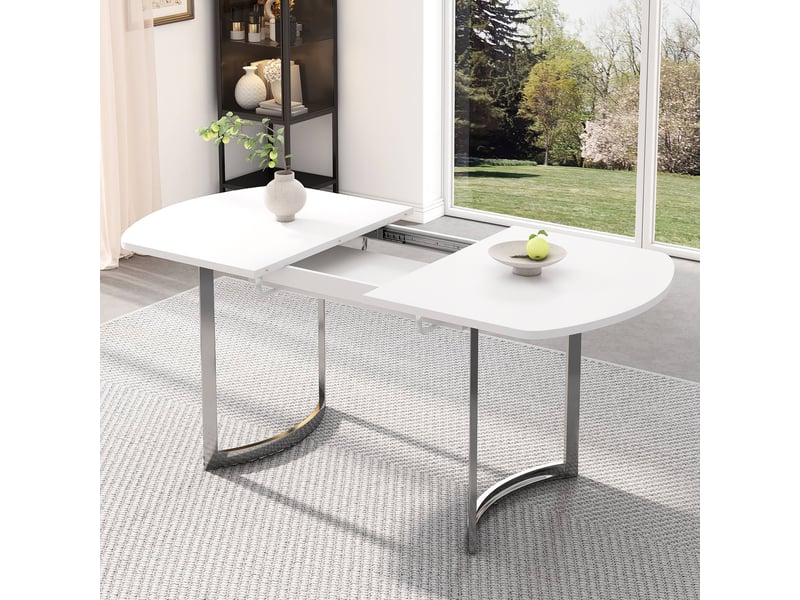  Table à manger extensible 140-180x80x75.5 cm - pieds métal argentés - 6-8 personnes - pour cuisine et salon - blanc  - Conforama E