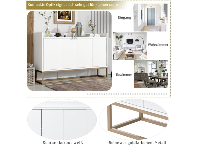  Meuble bas de cuisine 120 cm, buffet de rangement moderne avec 4 portes, étagère réglable et support en métal  - Conforama D