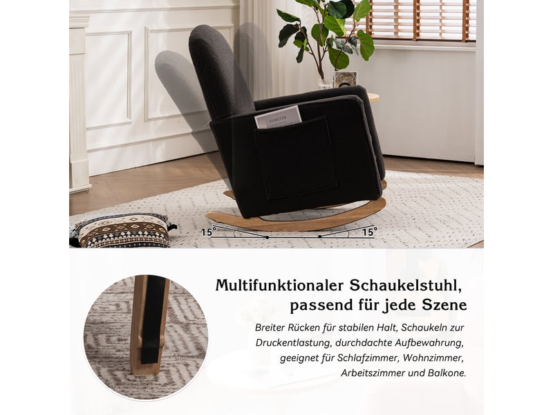  Fauteuil à bascule avec repose-pied, dossier haut, porte de rqngement, cadre en bois, tissu en fausse fourrure noire  - Conforama C