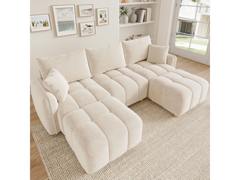 Canapé d’angle modulable 5 places 219x136x84 cm, lu convertible, 2 poufs, coussins inclus, tissu chenille, accoudoirs larges, beige Sol Morn - Conforama B