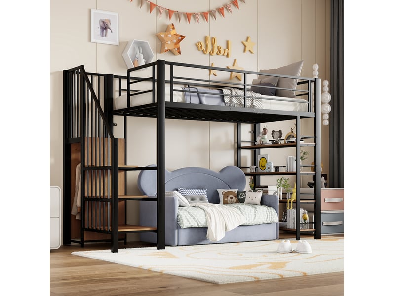  Lit mezzanine 90x200 cm avec escalier, rangements et penderie, noir et blanc  - Conforama B