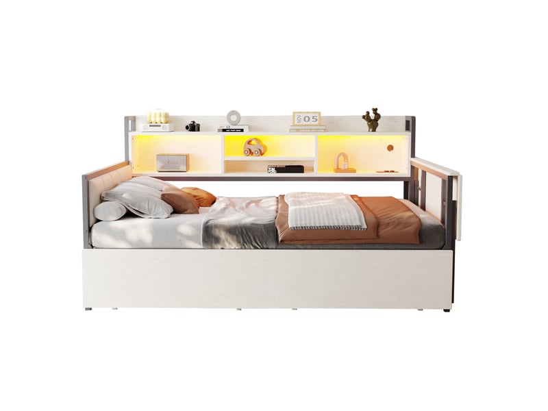  Lit enfant 90 x 200 cm tiroirs rangement led bandeau prise intégrée bureau escamotable dossier métal blanc sans matelas  - Conforama A
