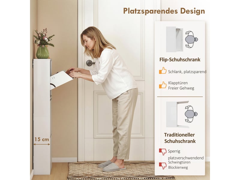  Meuble à chaussures métallique à 3 compartiments rabattables, meuble à chaussures mince, mural, pour 6 paires de chaussures, blanc  - Conforama E