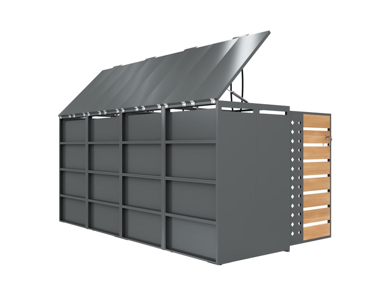  Cache-poubelles 4 compartiments, couvercle rabattable, panneaux diamant perforés, métal noir  - Conforama E