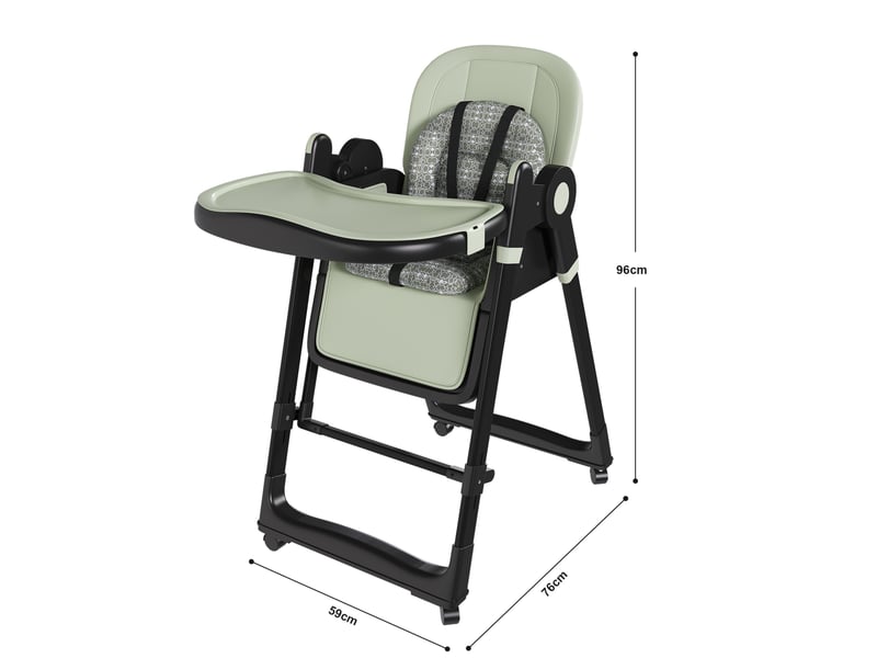  Chaise haute 2-en-1, fonction balancelle, plateau amovible, dossier inclinable, roues freinées, en polypropylène vert foncé  - Conforama D