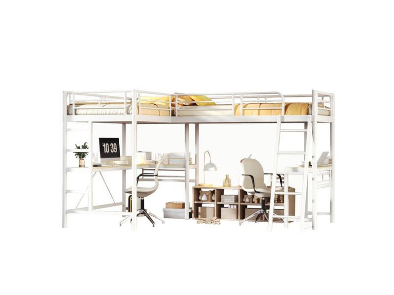  Lit mezzanine 90x200 cm, 2 couchages en l avec bureaux et échelles, en métal, blanc, sans matelas  - Conforama A