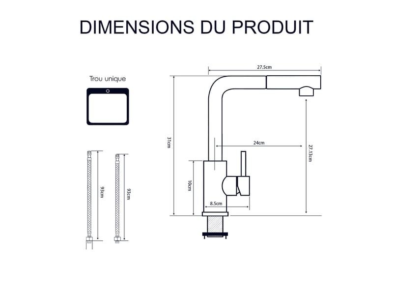  Mitigeur de cuisine extractible en acier inoxydable, cartouche céramique et 2 modes de jet - gris  - Conforama E