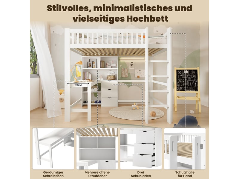  Lit mezzanine enfant 140x200 cm avec bureau, rangements et 3 tiroirs blanc  - Conforama E