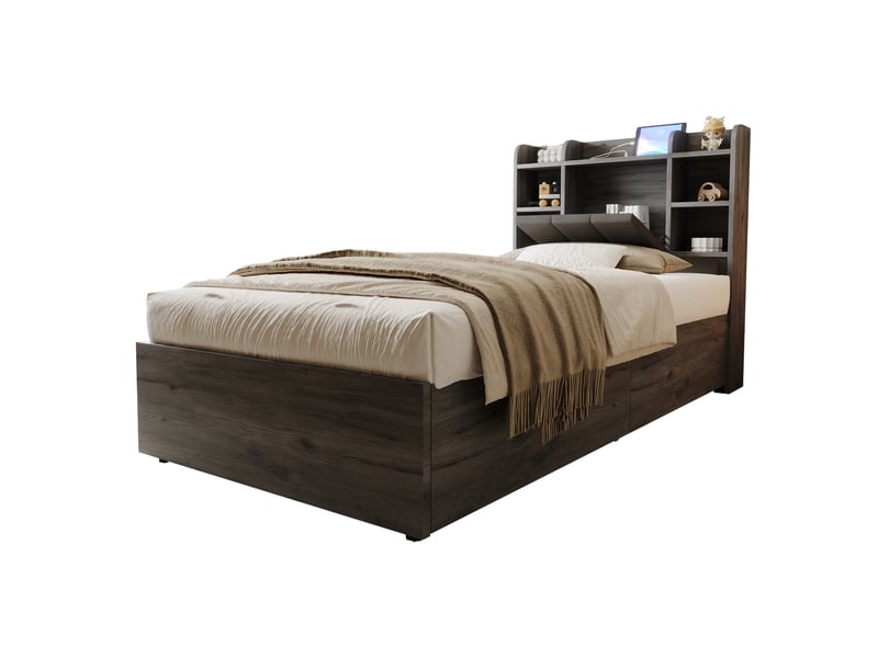  Lit coffre simple 90x200 cm avec tête de lit à rangement, niches de rangement, usb et type-c, sommier à lattes, mdf, gris Morn Vibe - Conforama A