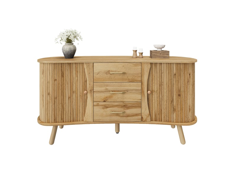 Buffet scandinave 150cm avec portes coulissantes et 3 tiroirs, meuble de rangement en mdf aspect bois naturel - Conforama A