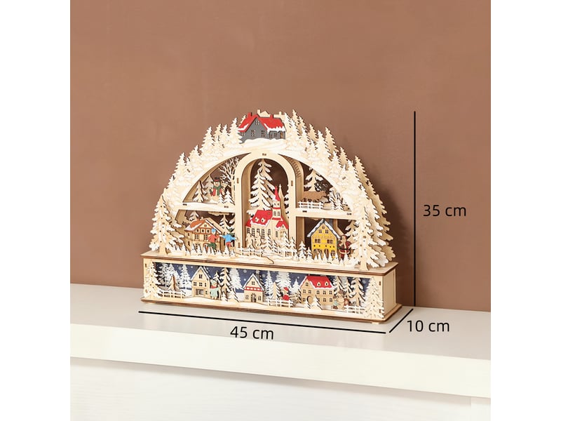  Village de noël lumineux avec 20 led, village de noël animé en arc, fonctionne sur piles, 45 x 10 x 35 cm, bois naturel  - Conforama E