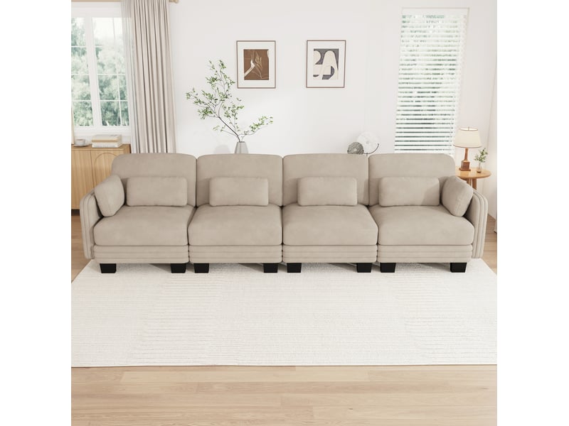  Canapé droit modulaire 4 places en chenille café clair avec coussins lombaires  - Conforama B
