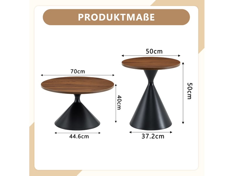  Tables basses gigognes set de 2 avec plateaux coniques, en mélamine effet noyer et métal noir pour salon  - Conforama D