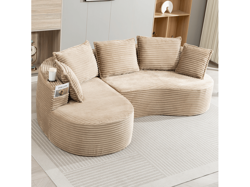  Canapé 3 places ulevr incurvé avec porte-gobelets, poches latérales, velours côtelé taupe, 250 x 152 x 82 cm  - Conforama B