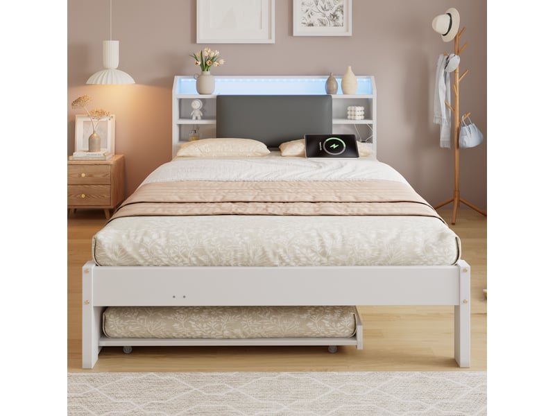  Lit fonctionnel 120x200 cm avec lit gigogne 90x190 cm, blanc, tête de lit led  - Conforama E