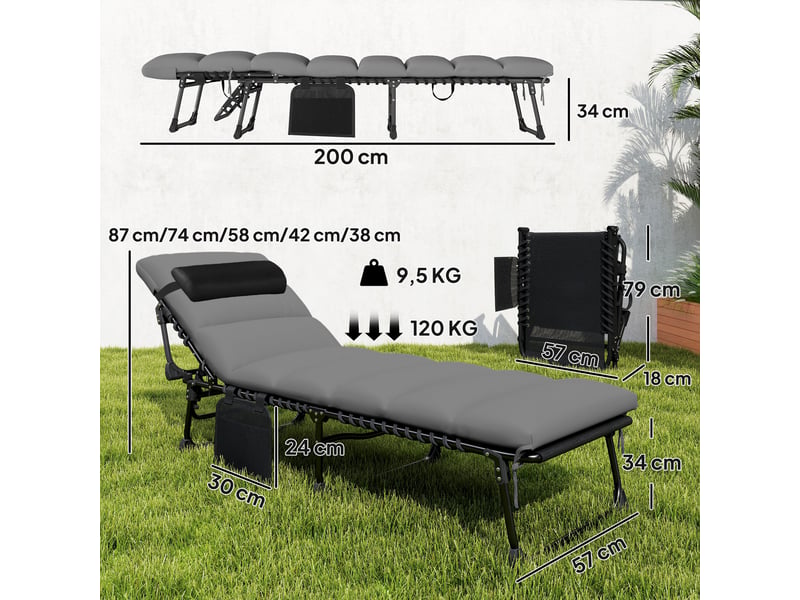  Chaise longue jardin extérieur, bain de soleil pliable, dossier inclinable sur 5 positions, 200 x 57 x 38 cm, gris foncé  - Conforama D