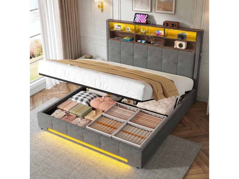 Lit coffre 160x200 cm, lit double, rangement hydraulique, led, velours gris foncé, usb et usb-c - Conforama R