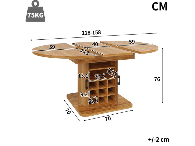  Table à manger extensible 118-158 x 118 cm avec rangement, mdf et métal marron foncé  - Conforama C