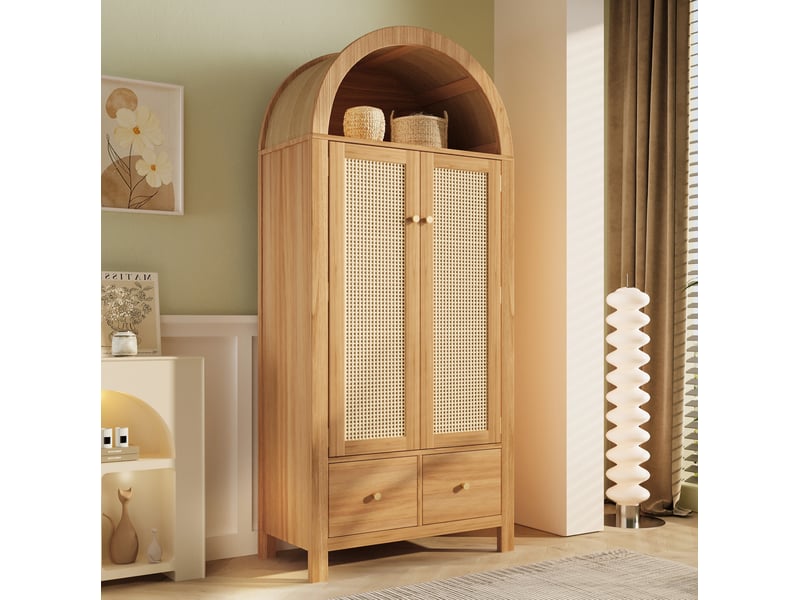  Armoire 181x78x45 cm effet chêne – style campagne – 2 portes, 2 tiroirs, penderie et rangement ouvert  - Conforama E