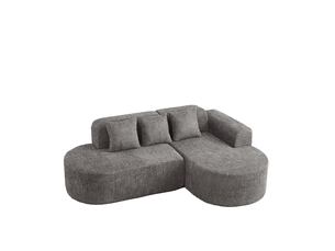 Canapé d’angle en l 3 places 222x157x73 cm avec méridienne droite, formes arrondies style wabi-sabi, 3 coussins dossier, chenille gris anthracite