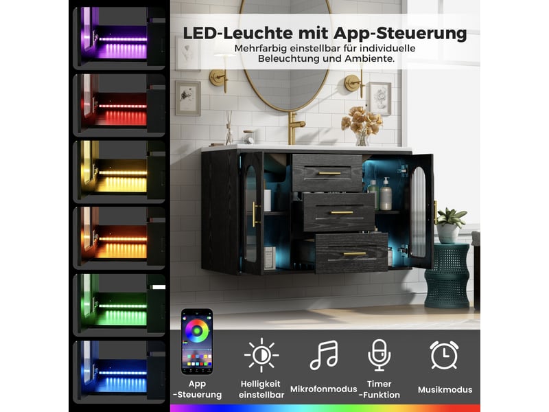  Meuble sous vasque avec 2 tiroirs, 2 portes, led et étagères réglables pour salle de bain en mdf noir 76×46×55 cm  - Conforama E