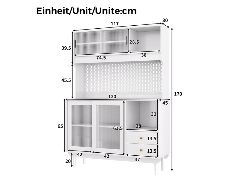  Buffet de cuisine en mdf et panneaux de particules, portes coulissantes en verre rainuré, tiroirs, niches ouvertes, pieds en pin  - Conforama C