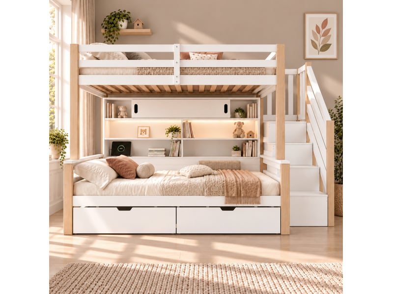 Lit superposé 2 couchages 90x200 cm, escalier de rangement, led, en bois, blanc et naturel, sans matelas - Conforama D