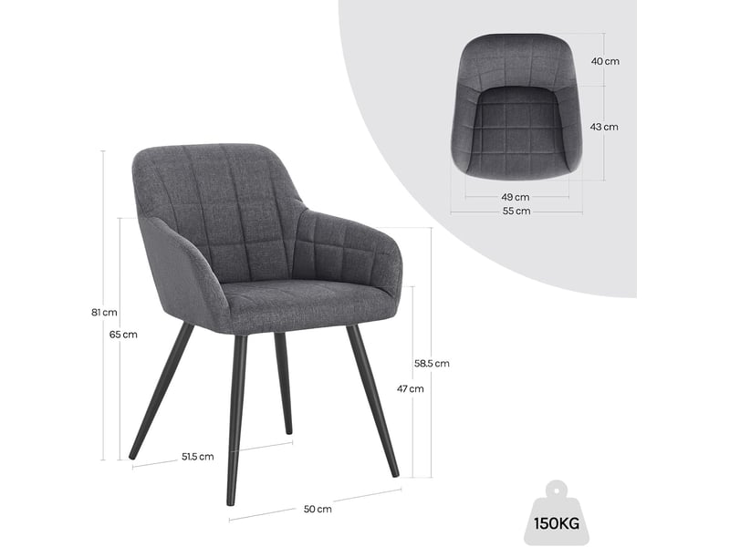  8 x chaises de salle à manger, chaises de cuisineen lin et métal, 49x43x81cm, gris foncé  - Conforama D