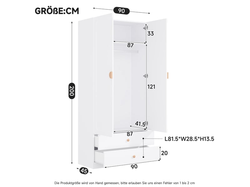  Armoire 90x45x200 cm, porte armoire avec 2 tiroirs, tringle, poignée en bois, couleur blanc  - Conforama C