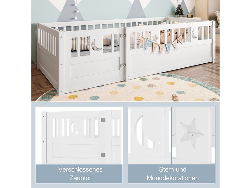 Lit enfant 90x190 blanc, superbe lit avec barrière de sécurité en bois, décoration étoile et lune pour chambre, style minimaliste - Conforama R