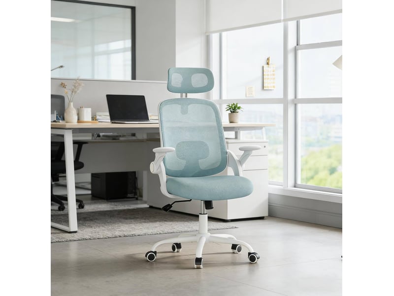  Chaise de bureau ergonomique bleue à dossier haut, appuie-tête réglable et accoudoirs 3d, pour bureau et réunion  - Conforama B