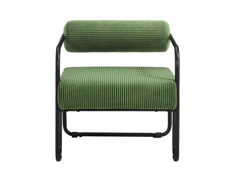 Fauteuil de détente avec dossier cylindrique et piètement métallique noir pour séjour, en velours côtelé vert - Conforama A
