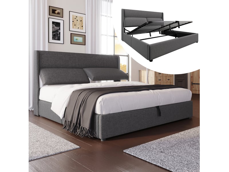  Lit coffre 180 x 200 cm gris en lin avec têtes de lit réglables  - Conforama B