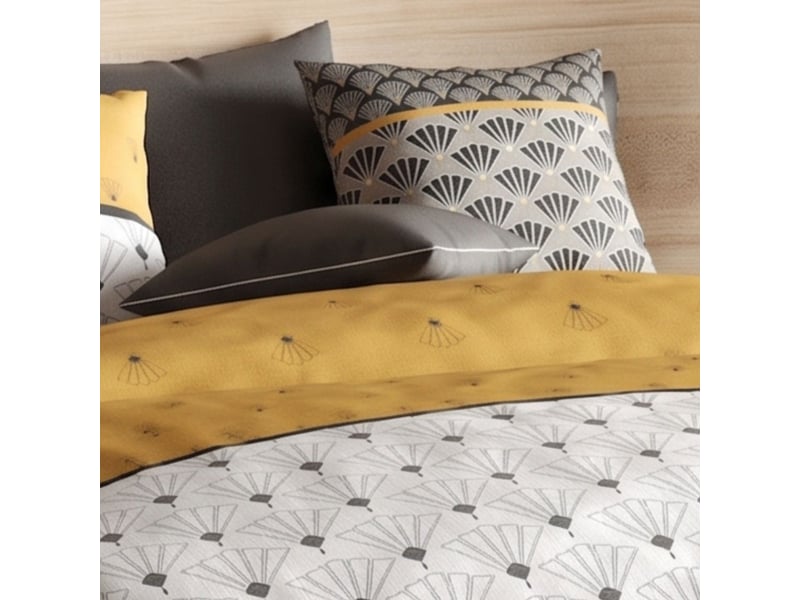  Parure housse de couette 260x240cm + 2 taies motif rétro gris et jaune 100% coton - tilio TILIO - Conforama D