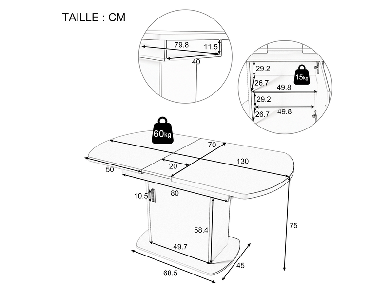  Table à manger extensible ovale 110-130 x 70 x 75 cm gris effet béton en panneau de particules avec rangement  - Conforama C